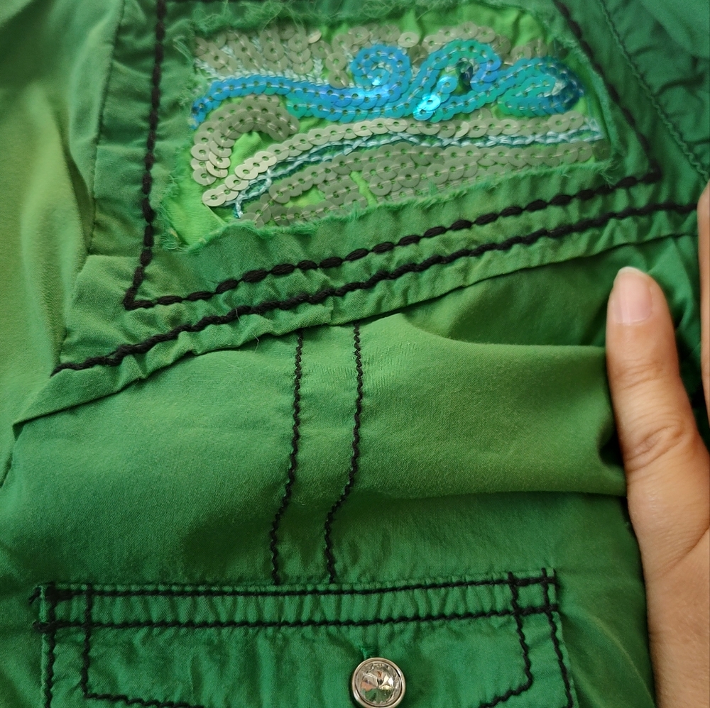 Knew Without Tags Green Sequins Roar Button Down - image 3